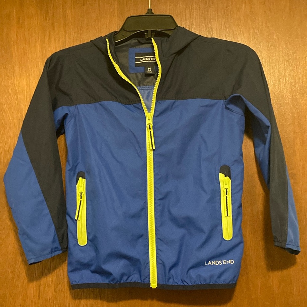 Lands' End Blue and Black Jacket with Neon Yellow Zippers